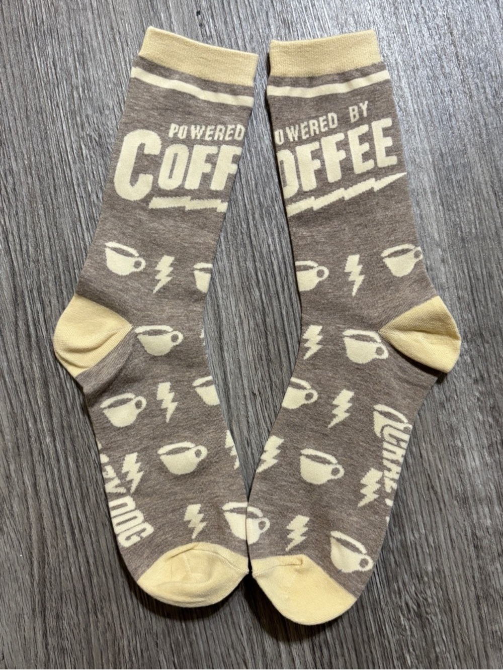 Powered By Coffee Crew Socks Novelty Brown Funny Coffee Cup Lightning Bolt NWOT